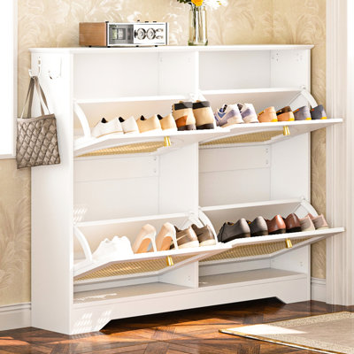 Elegant Mid - Century Narrow Design White Shoe Organizer With Doors, Hooks For Small Item Hanging, Freestanding In Hallway, Tip, Floor Protecting Felt, Holds 12 Pairs Of Footwear Cabinet 4 Flip