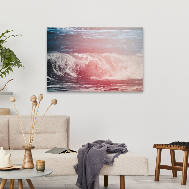 Plage perdue, vagues contemporaines, rose III, bleu, blanc, blanc, plage, H 36 po x l 24 po