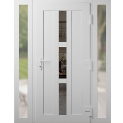 Porte d'entrée extérieure prémontée en PVC-U métal-plastique Manux 8112 Blanc Soie avec 2 impostes latérales, pour bureaux, commerces et habitations, entrée, patio, garage, 173 x 203 cm (L 41 + 91 + 41 x H 203 cm), ouverture à gauche vers l'intérieur. Dimensions : 173 x 203 cm (L 41 + 91 + 41 x H 203 cm).