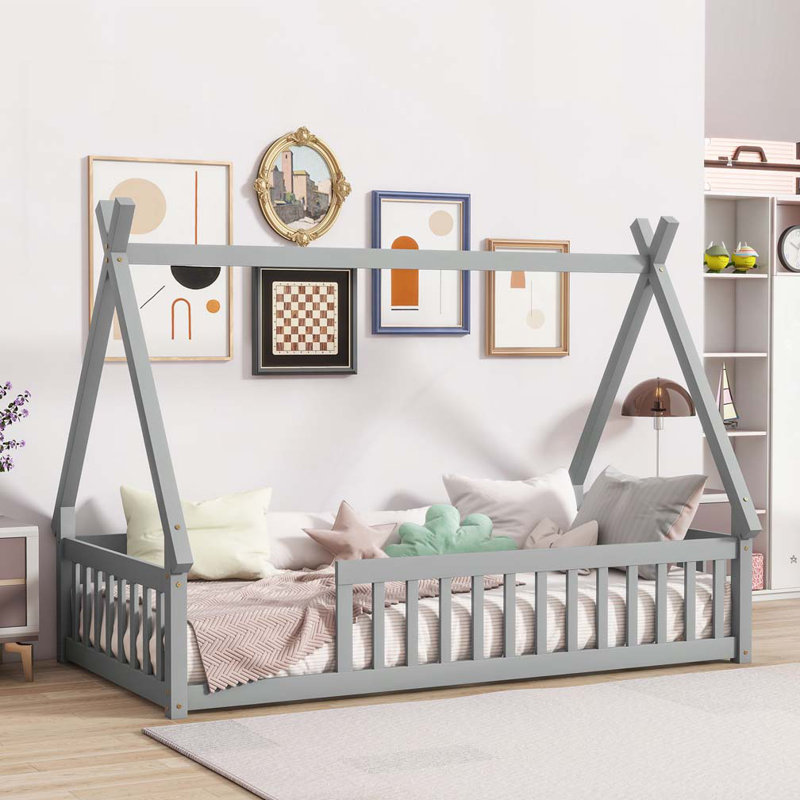 Lit en bois en forme de tente, lit tipi, Gris, Lit simple
