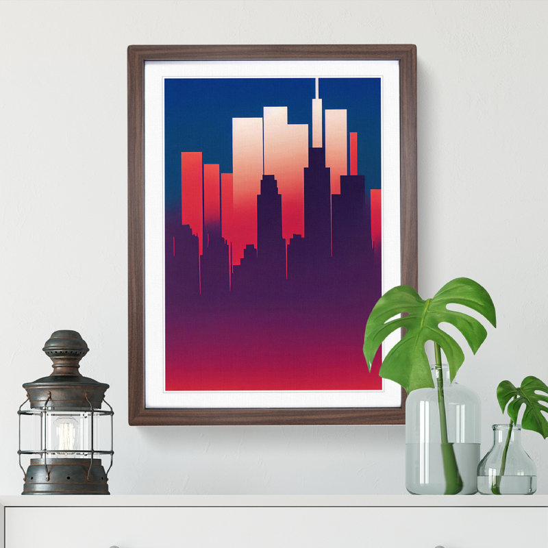 A Placid City Skyline Abstract - Single Picture Frame Print, 46cm H x 34cm W x 2cm D, Walnut