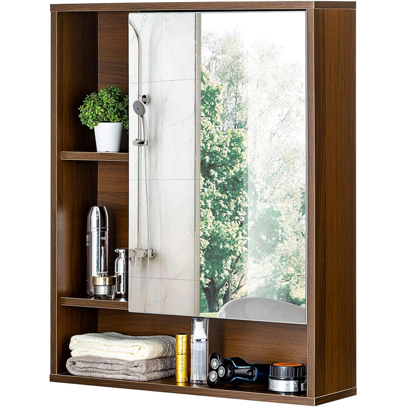 Armoire à pharmacie murale avec miroir pour salle de bain, gris, Noyer