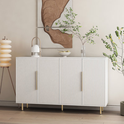 Buffet blanc moderne avec rangement, grand buffet cannelé avec tablettes réglables, crédence, console d'appoint