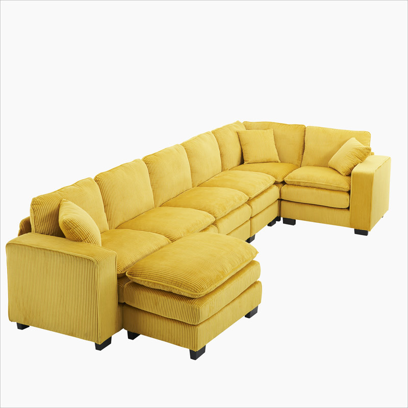 Modern U Shaped 6-Seat Sectional Sofa Couch With One Ottoman And Three Toss Pillows, Yellow Polyester