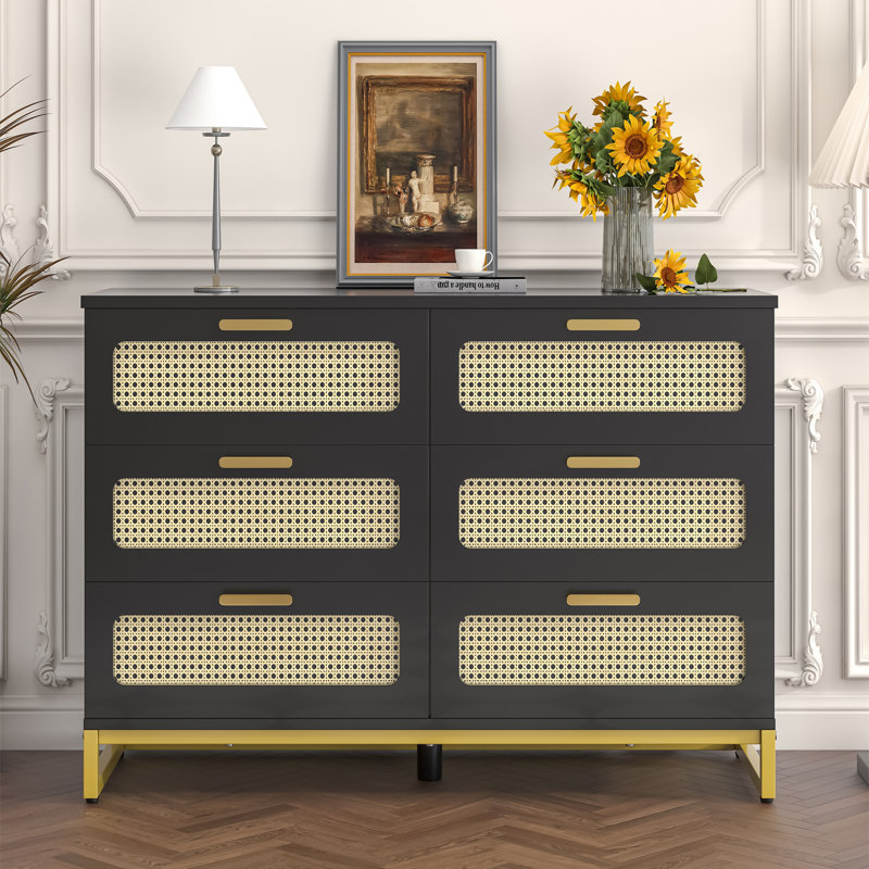 Commode 6 tiroirs en rotin, noir