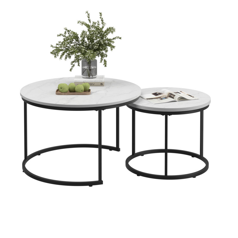 Table basse, ensemble de 2 gigognes, plateau rond en marbre de 27,6 po avec structure en métal robuste, table de bout / tables d'appoint pour le salon, la chambre à coucher, le balcon, la cour (blanc)
