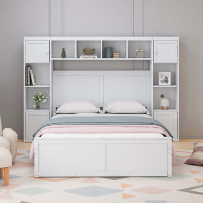 Lit en bois pleine grandeur élégant et fonctionnel avec 4 tiroirs et une armoire et une tablette tout-en-un