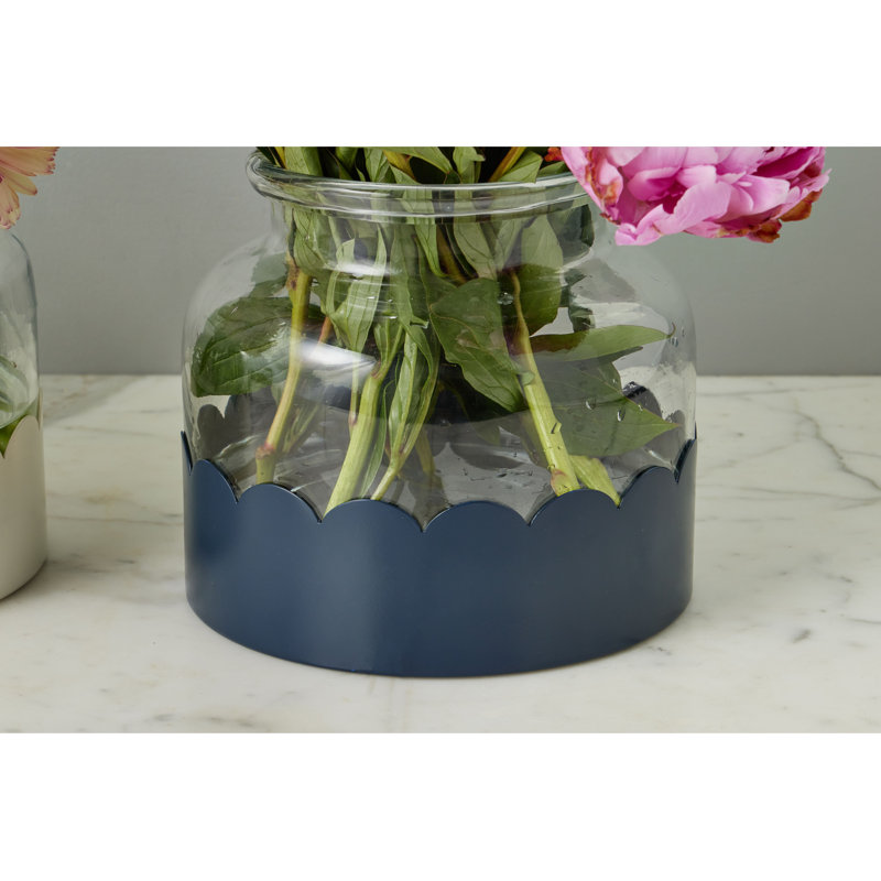 2-in-1 Scalloped Bloom Vase, White/Navy Blue