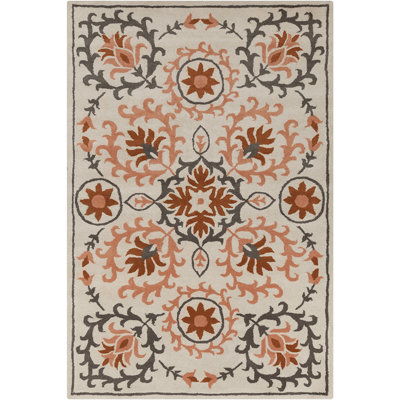 Tapis en laine à médaillon floral transitionnel crème, rouge, gris et pêche Hocker Authentic