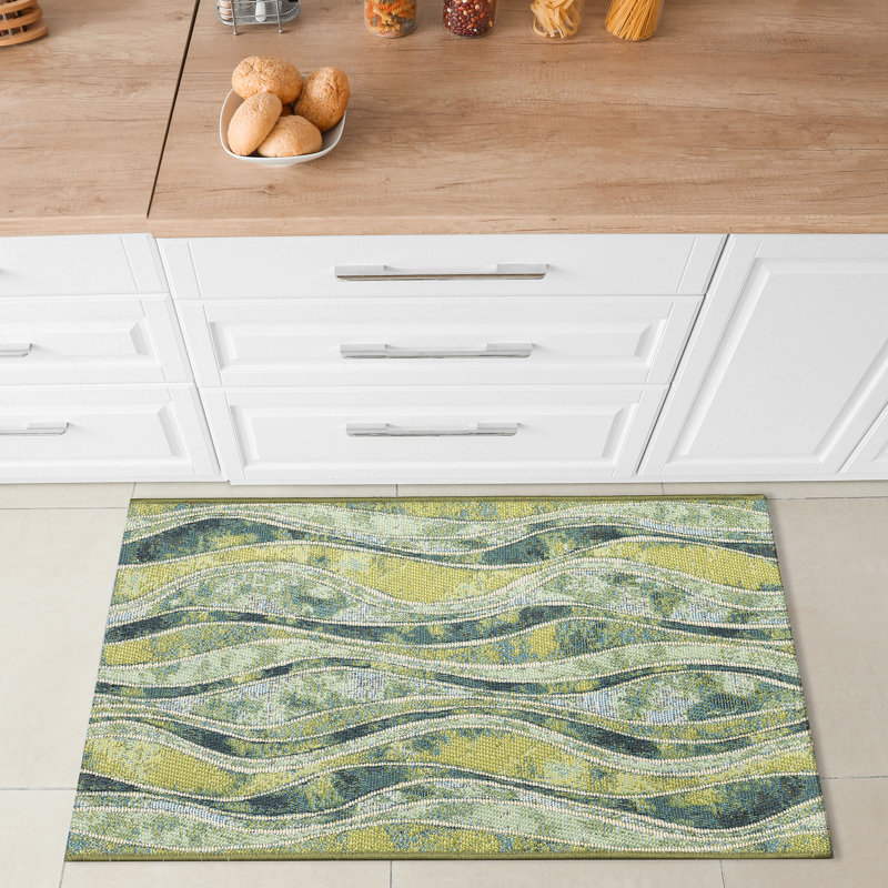 Abstract Synthetic Non-Skid Kitchen Mat, Rectangle 2' x 2'10", Green/Yellow/Blue
