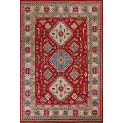 Tapis géométrique Kazak à motif géométrique rouge 9 x 12