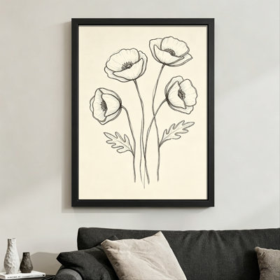 Abstrait moderne Quatre coquelicots avec des pétales et des feuilles détaillés, dessin au trait dessiné à la main. Toile encadrée 24 "x 36" avec cadre en bois noir