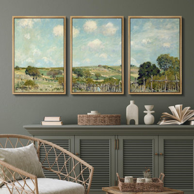 Rural Landscape " Rural Countryside Idyllic With Lush Meadows And Fences Nature Landscape Modern Art Decor " 3 - Pieces