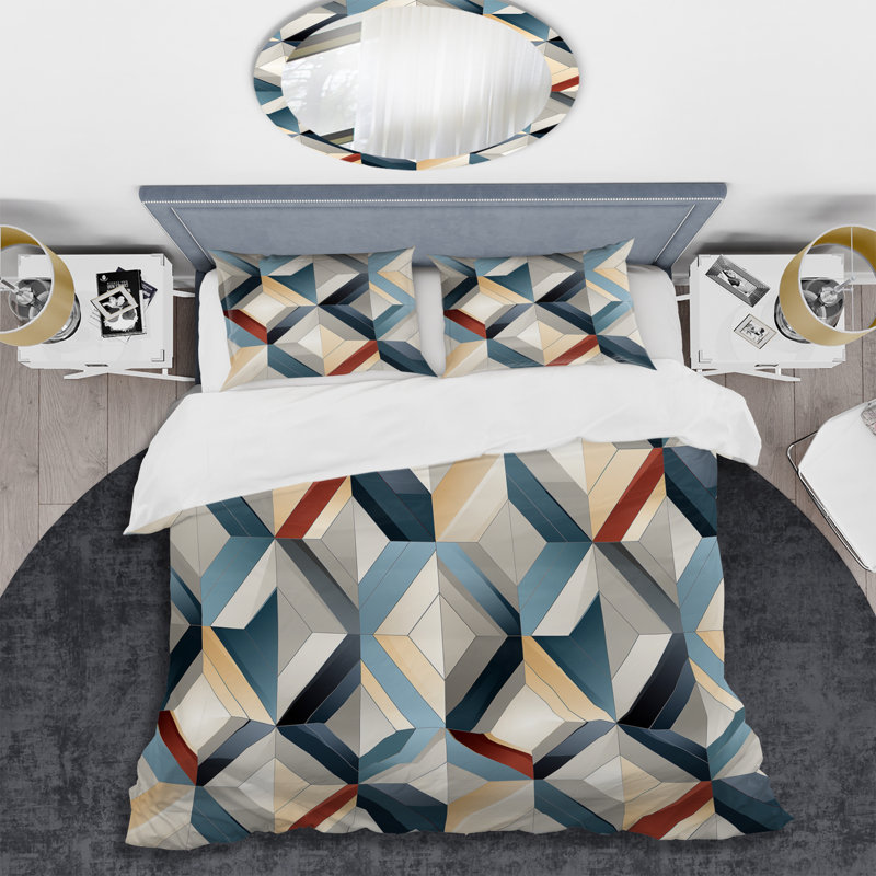 Natural Tones Grey And Beige Mosaic Geometric Shapes Duvet Cover, King Duvet Cover + 2 King Shams, Geometric Shapes 5