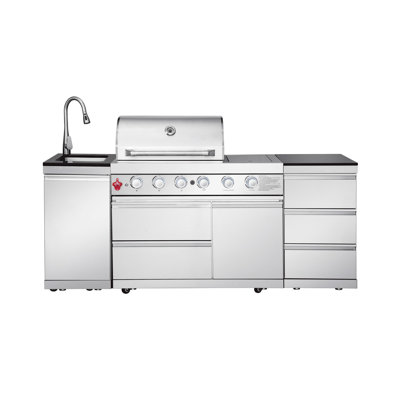 Station de barbecue d'extérieur 83,3 po 4 + 1 brûleurs au gaz propane 8315 po BTU, acier inoxydable 304, évier intégré, argent