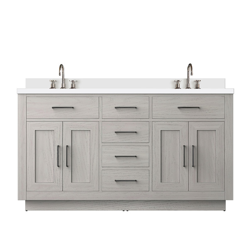 Meuble-lavabo double en chêne blanc 60 po X P 22 po D, plateau en marbre de culture et robinet, Marbre de culture