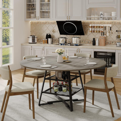  Dining Room Round Table Set for 4-6, Circle Kitchen Dining Table with Metal Base, 47 Inch Wooden Round DiningTable, Wood Kitchen Tables with Storage Shelf Gray