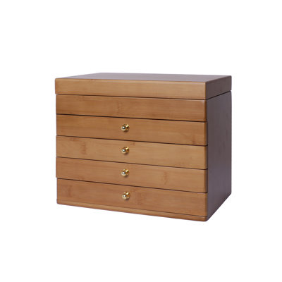Mid-Century Modern Bamboo Jewelry Box with Mirror Desktop Storage Box Accessory Cabinet 
