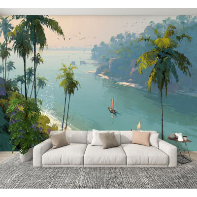 Beach Peel and Stick Wallpaper Calm Turquoise Sea Sailboats Gentle Ocean Breeze Wall Murals 100"H x 144"W Removable PVC Wall Paper Self-Adhesive Wall Decor for Bedroom Living Room Home Office Bathroom