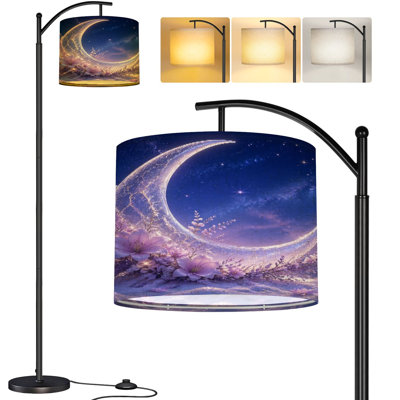  Lampe sur pied arc paysage enneigé fleurs mauves en forme de croissant de lune haute lampe sur pied moderne à abat-jour réglable en lin à 3 couleurs