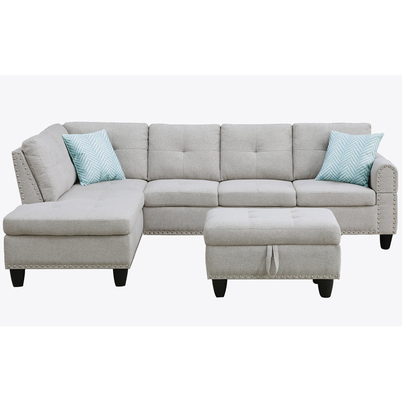Canapé avec méridienne et repose-pieds de 98 po de large avec repose-pieds, Lin gris pâle