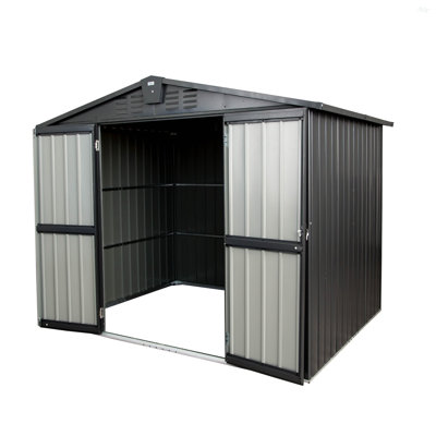 Remise de rangement extérieure 8,2 pi x 6,2 pi, remise de jardin en métal pour vélo, poubelle, armoire de rangement extérieure en acier galvanisé avec porte verrouillable pour la cour, le patio et la pelouse (8,2 pi x 6,2 pi, gris foncé)