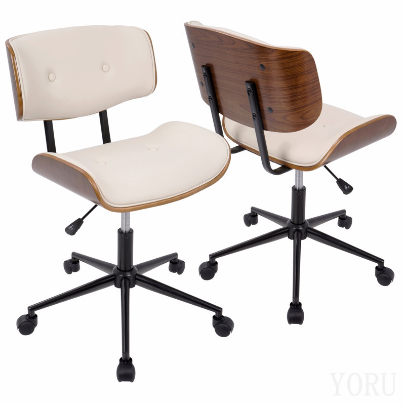 Chaise de bureau réglable Mid-Century moderne avec pivot en noyer et crème, Cream