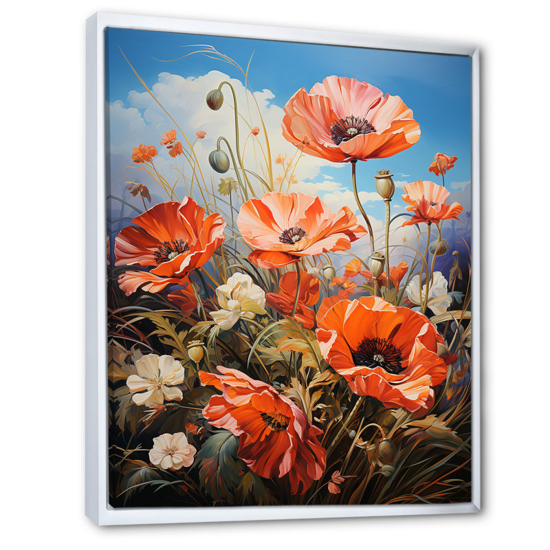 Meadow Poppy Field - Art mural sur toile floral et botanique, H 20 po x l 12 po x P 1 po, Cadre flottant blanc