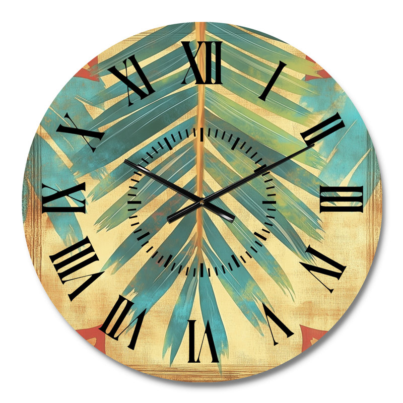Horloge murale ronde en métal à motif de palme dans une lumière émeraude - Style tropical, Petit