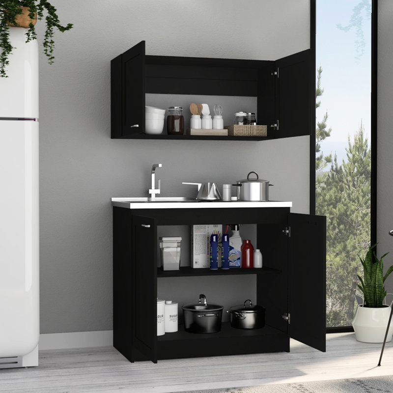 Une armoire à panneau de particules noir à deux tablettes, H 8 po x l 39,3 po x P 20,4 po et P 19,2 po 12,6 po, armoire de rangement fonctionnelle, armoire à deux tablettes, ajoute de la valeur à la pièce
