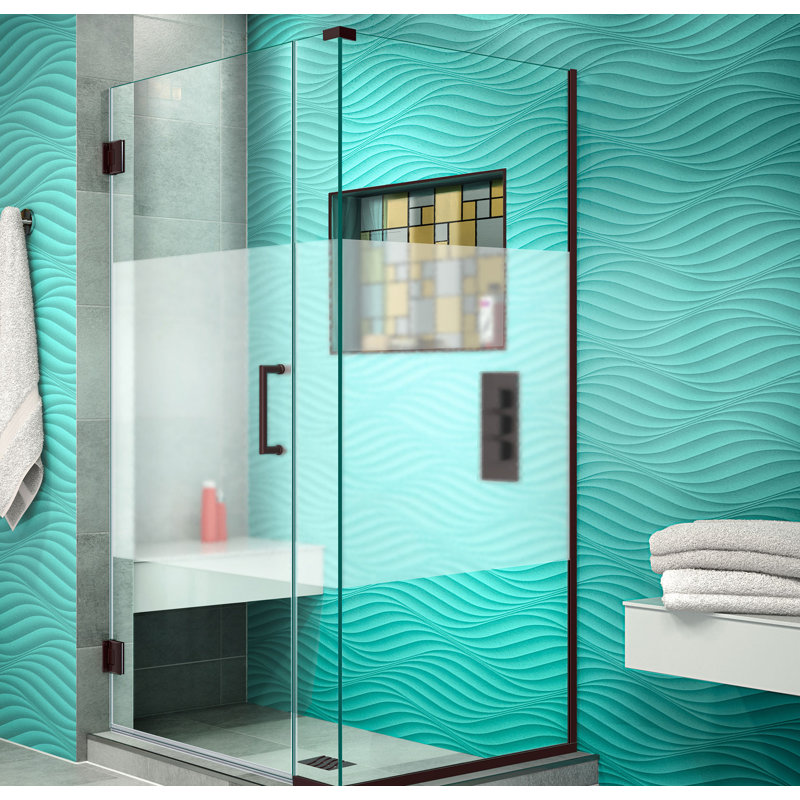 Unidoor Plus 30" W x 30.375" D x 72" H Frameless Pivot Rectangle Shower Enclosure with Fixed Panel, Oil Rubbed Bronze