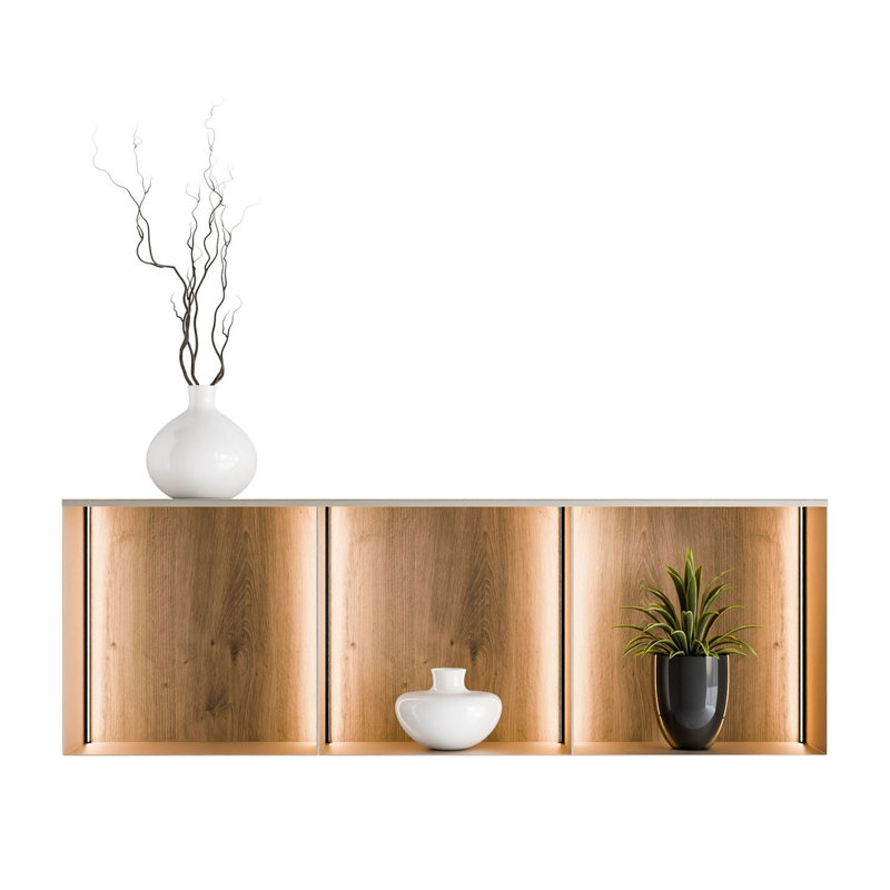 3 Piece Square Metal Cube Shelf, Cashmere / Artisan with LED