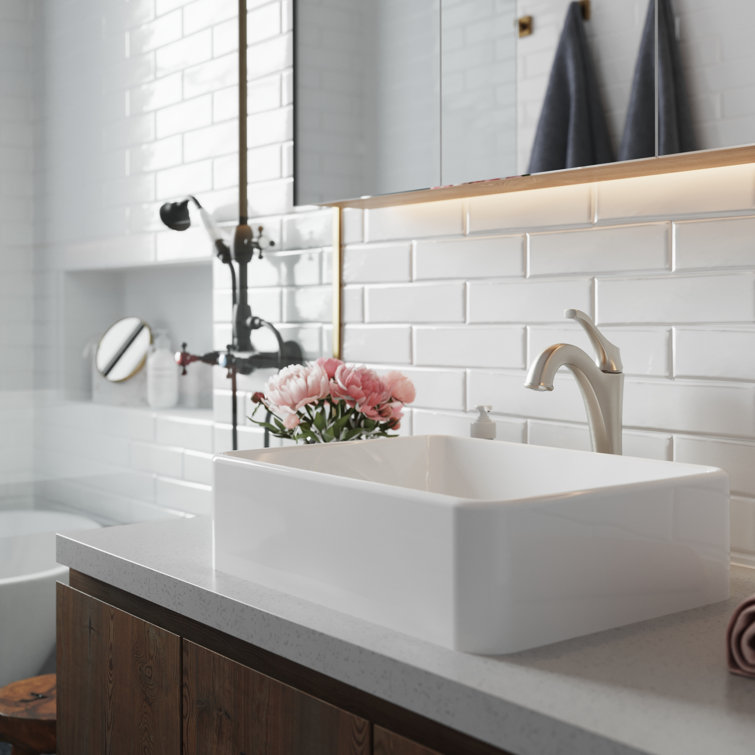 KRAUS Elavo Square White Porcelain Ceramic Bathroom Vessel Sink and Faucet Combo with Pop-Up Drain