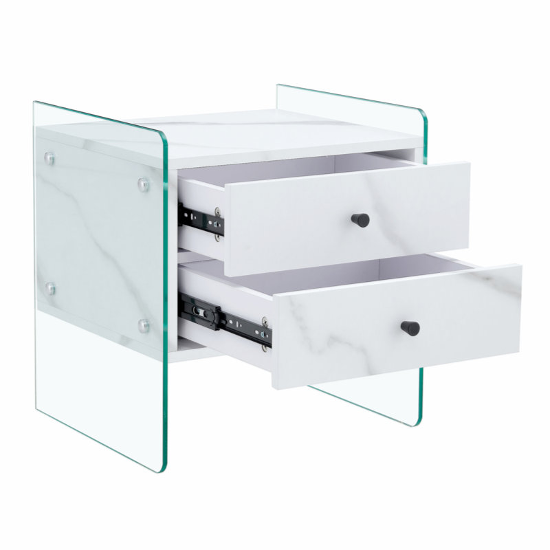 Double-Drawer Bedside Table. The Board Surface Is MDF Sticker, And Both Sides Are Transparent Tempered Glass. The Design Is Simple And Elegant, With Excellent Storage Functions.