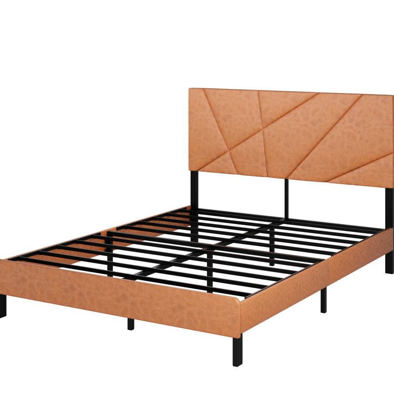 Base de lit tapissier grand antique brun, plateforme en métal avec rangement inférieur, assemblage facile, structure de capacité de poids adéquate en brun rétro, matelas carré sans ressorts, assemblage