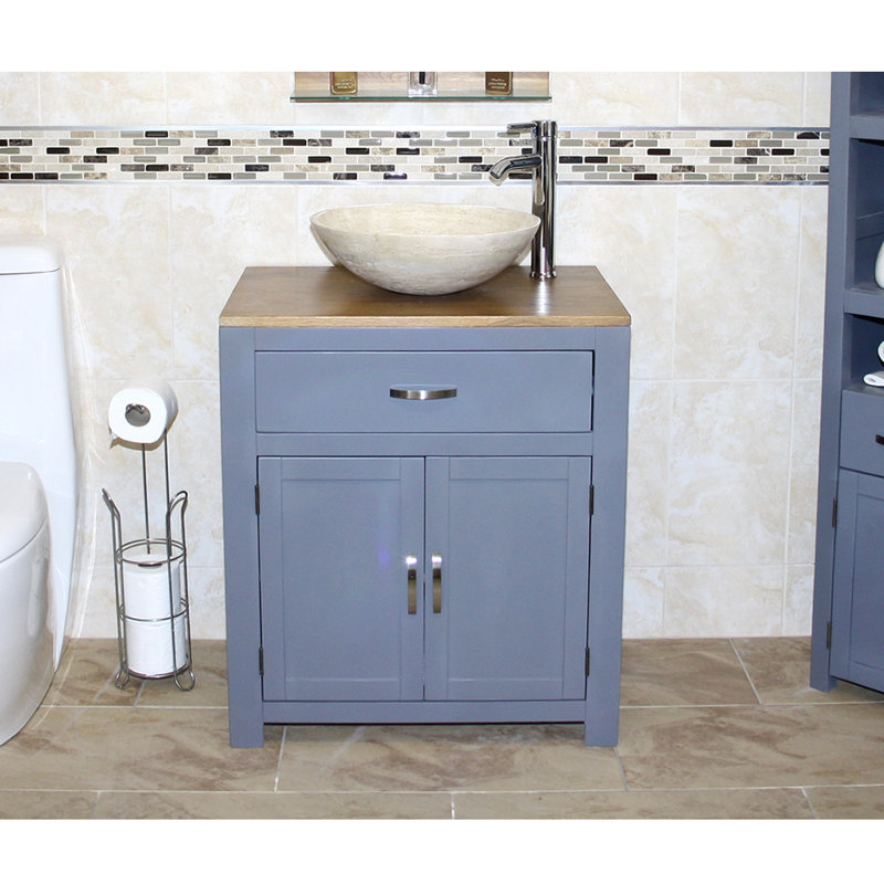 Don 700mm Single Bathroom Vanity with Vessel Basin, Travertine Basin, White