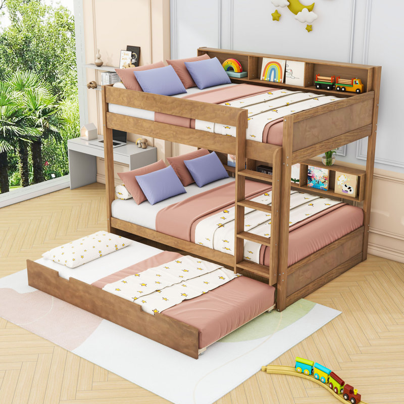 Lit superposé élégant en bois avec tablettes de rangement intégrées et lit gigogne escamotable, Double sur double