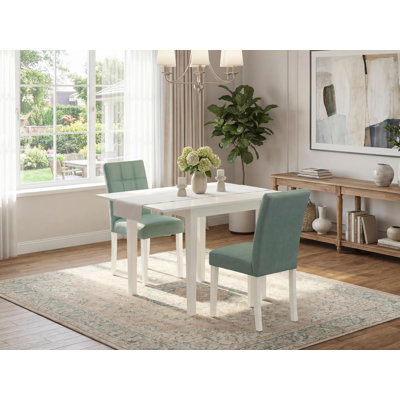 L'ensemble de salle à manger moderne 3 pièces comprend une table de cuisine et 2 chaises Parson en tissu de polyester vert saule, blanc lin