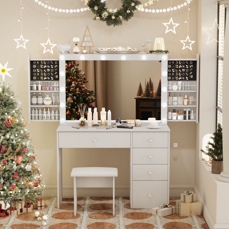 Greyden 14 Hollywood Bulbs Vanity Set with Hidden Space and Outlets, White