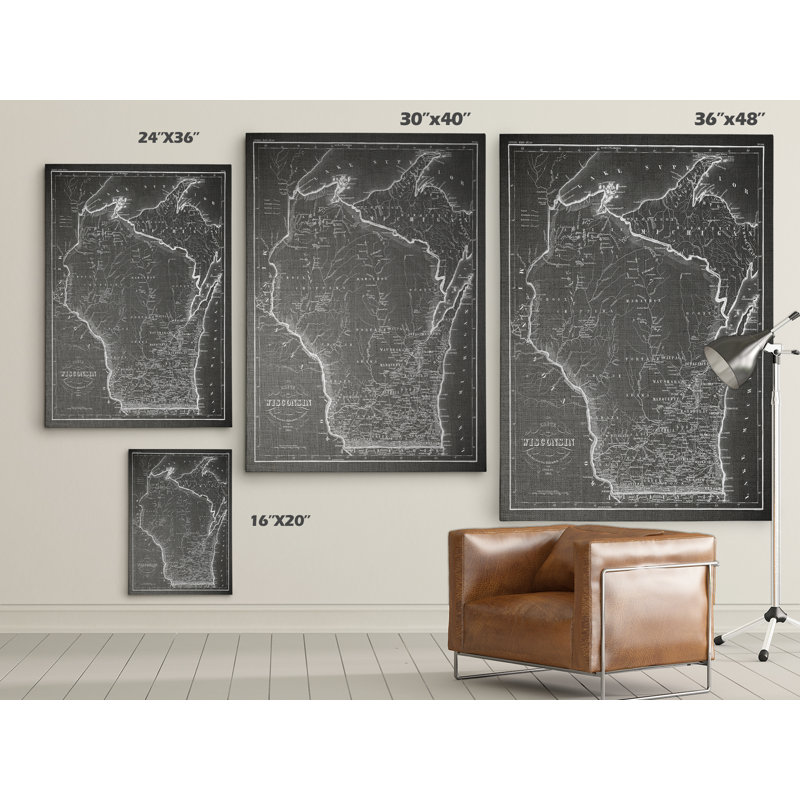 Wisconsin S croquis de carte - Impression sur toile, H 16 po x l 20 po x P 1,5 po