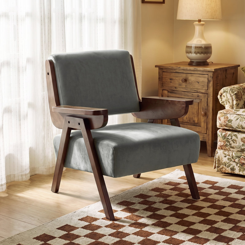 Fauteuil d'appoint rembourré de style moderne du milieu du siècle, de 66 cm de large, avec accoudoirs et pieds en bois massif