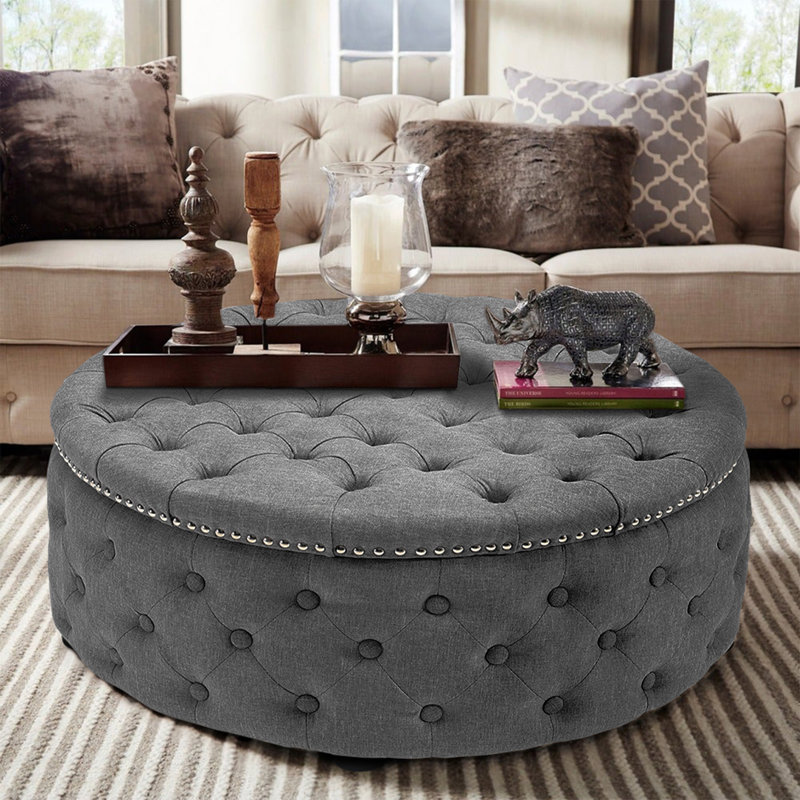75cm Wide Cylinder No Pattern Footstool Ottoman, Light Grey