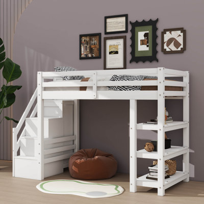 Lit surélevé avec tablettes, escalier de rangement, mini garde-robe et éclairage DEL