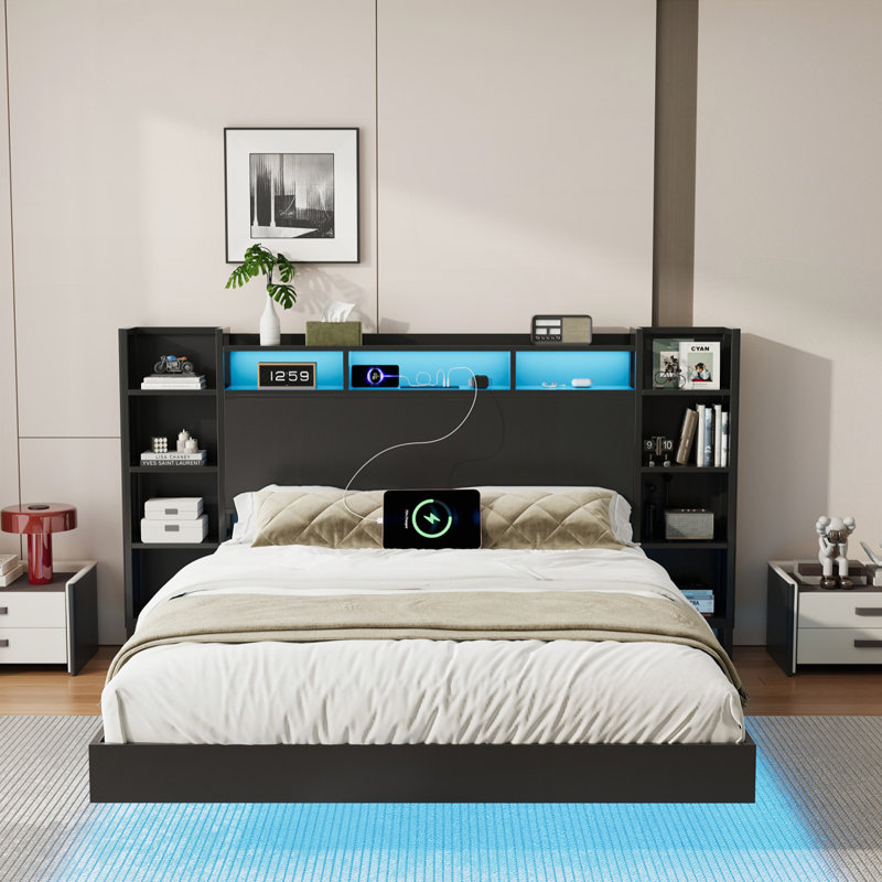 Base de lit flottante avec station de charge USB, tête de lit avec rangement et lumière DEL, Lit simple