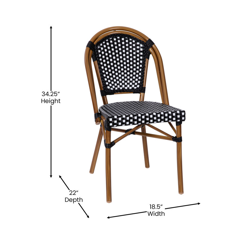 Black and White PE Rattan Armless Bistro Chairs with Bamboo Print Frame, Set of 2