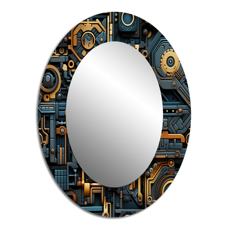 Ryin Steampunk Industrial Gold And Teal Geometric - Geometric  Large Wall Mirror, Gold Unique Mirror, Printed Metal Art, Oval