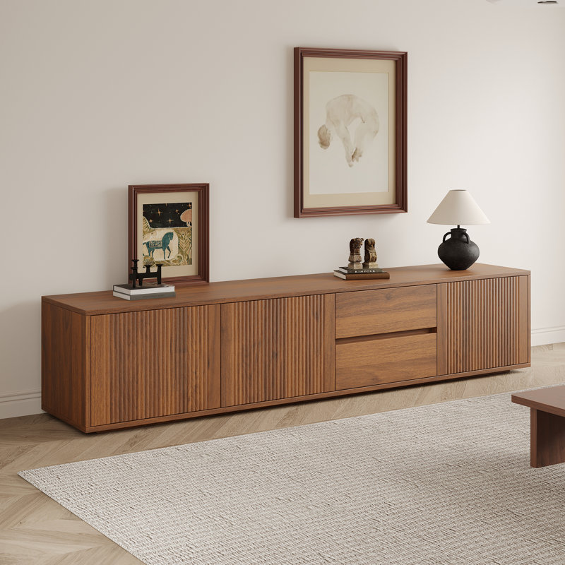 Meuble télé Mid-Century noyer brun 79 po avec rangement, console média rétro pour le salon