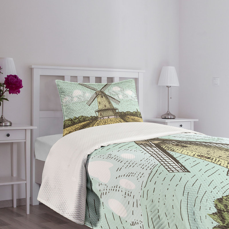 Twin White Quilted Bedspread Set with Windmill Print
