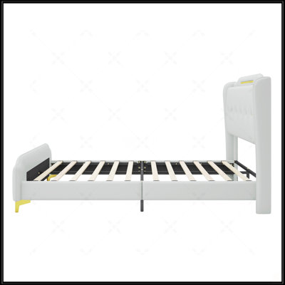 Queen Size Leather Bed Frame With Wingback Headboard & Footboard, PU Upholstered, Solid Wooden Slats, Easy Assembly