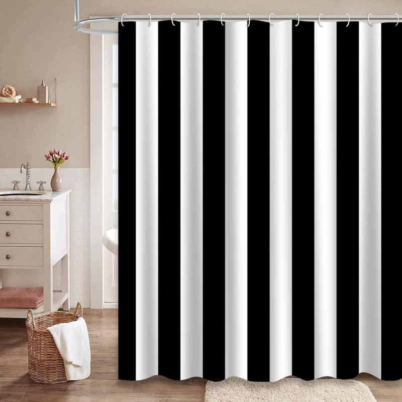 Rideau de douche blanc à rayures noires avec 12 crochets, L 72 po x l 72 po
